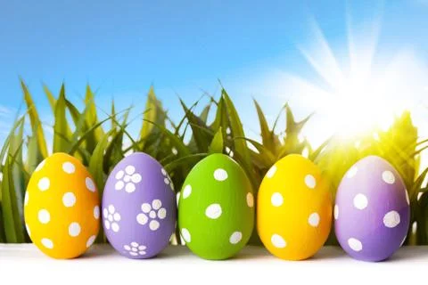 Easter eggs lying on the meadow Stock Photos