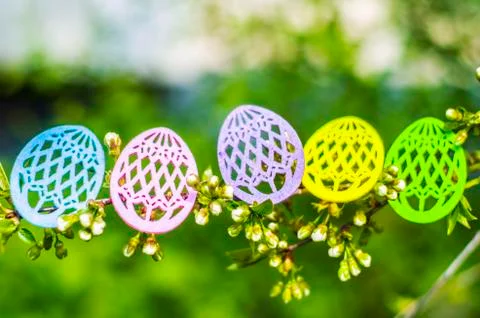 Easter eggs made of colored felt with flowering branches of fruit tree. Stock Photos