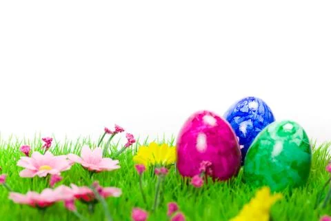 Easter eggs on meadow Stock Photos
