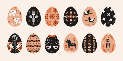 Easter eggs. Modern egg decoration with Ukrainian pattern design, flower bird Illustrazione stock