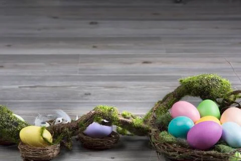 Easter eggs with moss brunch 스톡 사진