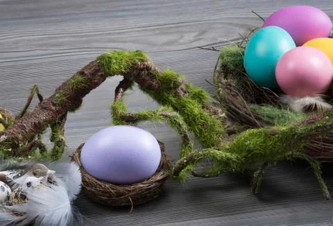 Easter eggs with moss brunch 스톡 사진