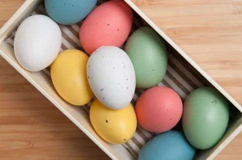 Easter eggs, multicolored eggs in a gift box Stock Photos