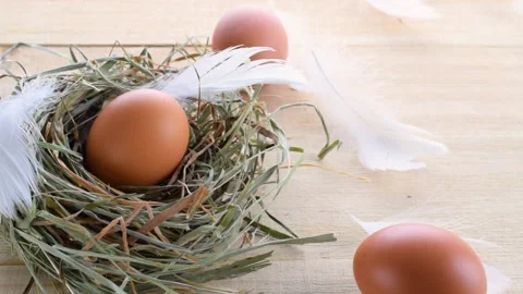 Easter eggs nature. Natural colour egg in basket with spring tulips, white Stock Footage 149345761