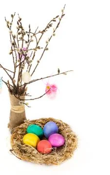 Easter eggs in the nest and tulip flowers Stock Photos