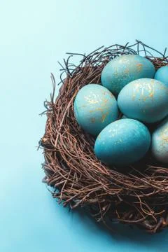 Easter eggs in nest on blue background. Stock Photos