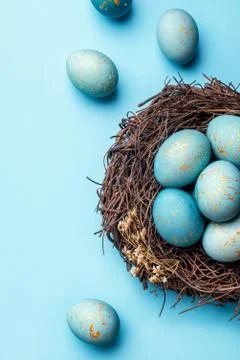 Easter eggs in nest on blue background. Foto stock