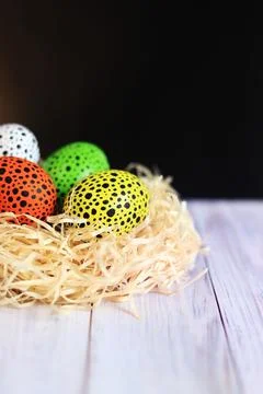 Easter eggs in the nest. Happy easter. Eggs painted in different colors Stock Photos