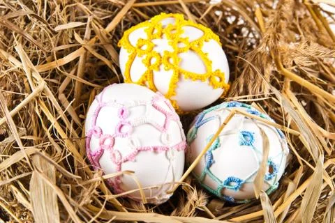 Easter eggs in nest Stock Photos