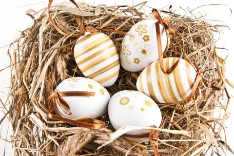 Easter eggs in nest Stock Photos