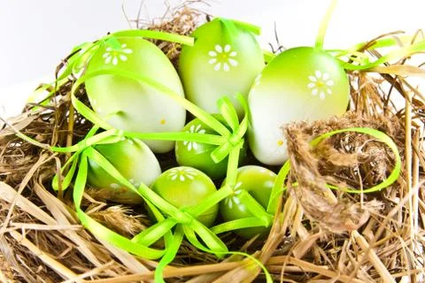 Easter eggs in nest Stock Photos