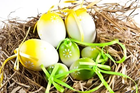 Easter eggs in nest Stock Photos