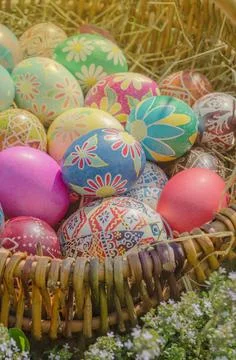 Easter eggs in nest Stock Photos