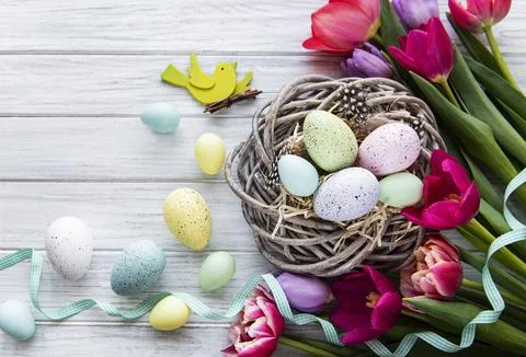 Easter eggs in nest Stock Photos