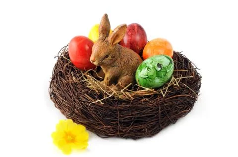 Easter eggs  in nest with primular and easter bunny Stock Photos
