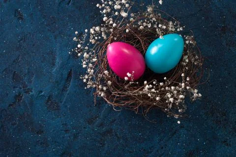 Easter eggs in the nest on rustic dark blue background Stock Photos