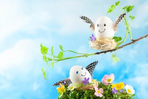 Easter eggs in nest on sky background. Stock Photos