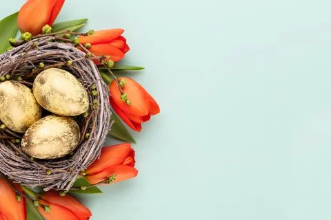 Easter eggs in the nest. Spring greeting card. Stock Photos