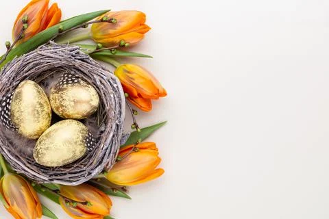 Easter eggs in the nest. Spring greeting card. Stock Photos