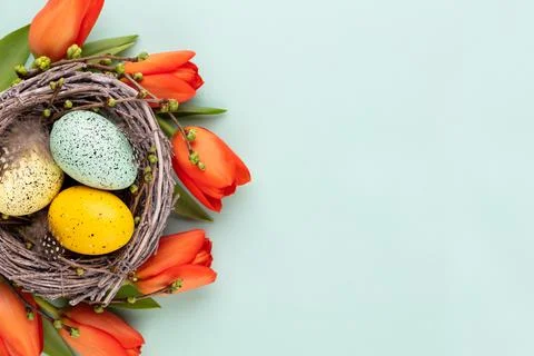 Easter eggs in the nest. Spring greeting card. Stock Photos