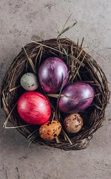 Easter eggs in a nest on a stone background. Top view with a copy of the pl.. Stock Photos