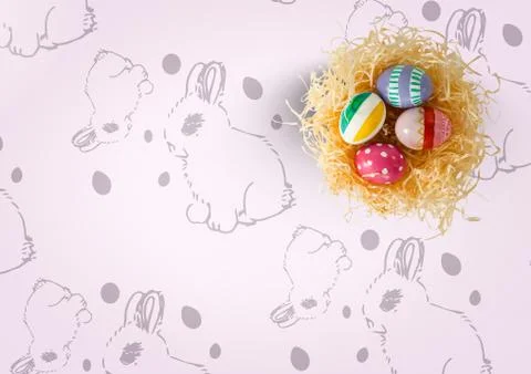 Easter eggs in nest on top of pattern Stockillustratie