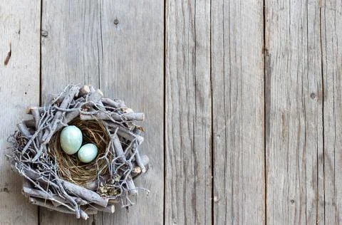 Easter eggs in nest on wood - rustic background Stockfoto's