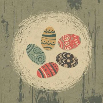 Easter eggs in nest on wooden texture. easter background, retro styled. Illustrazione stock