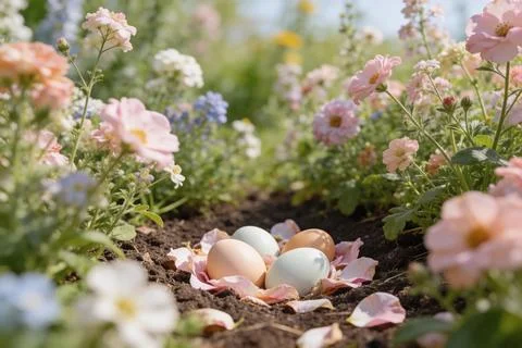Easter eggs nestled in a bed of delicate pink flower petals and green foliage Stock Photos