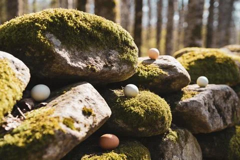 Easter eggs nestled on moss-covered rocks in a sun-dappled forest setting Stock Photos