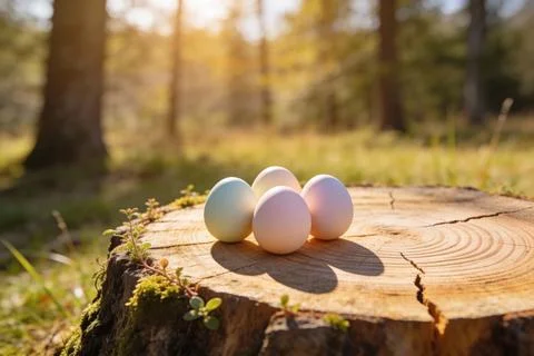 Easter eggs nestled on a mossy tree stump in a sun-dappled forest clearing Stock Photos