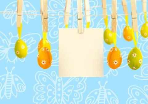 Easter Eggs with note on pegs in front of pattern Stock Illustration