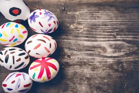 Easter Eggs on old boards. Stock Photos