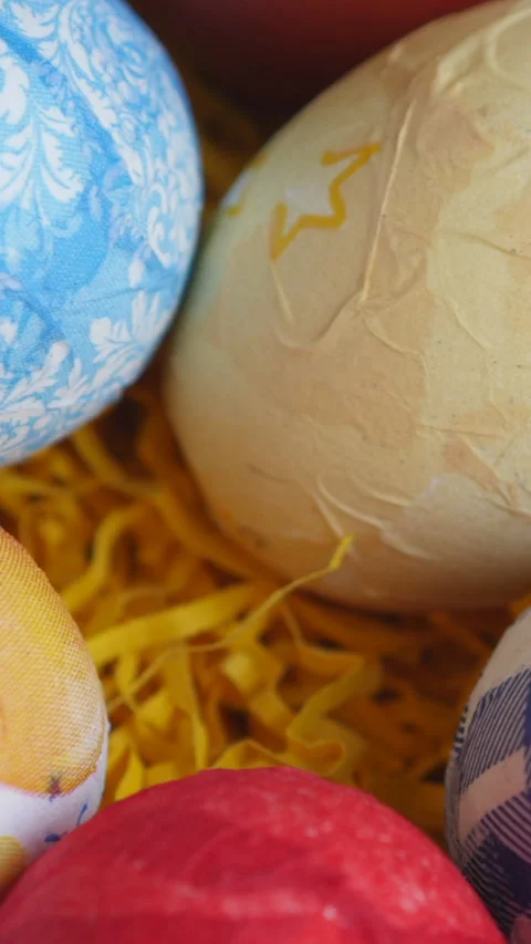 Easter Eggs Painted And Decorated Close Up View. Slider Shot. Vertical. Stock Footage 296685782