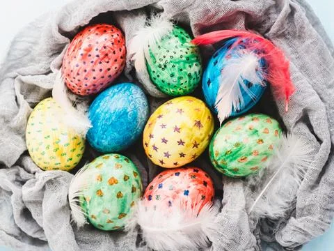 Easter eggs painted with bright colors Stock Photos