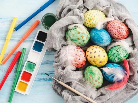Easter eggs painted with bright colors Stock Photos