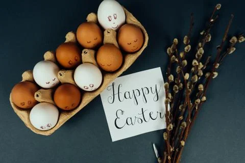 Easter eggs with painted faces in carton box and willow catkins isolated on Stock Photos