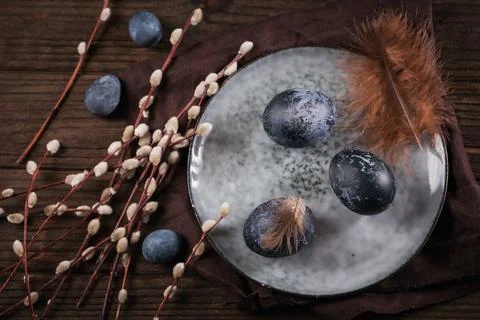 Easter eggs painted by hand in blue color Foto stock