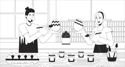 Easter-eggs painting kitchen black and white cartoon flat illustration Stock Illustration