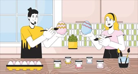 Easter-eggs painting kitchen line cartoon flat illustration Illustrazione stock