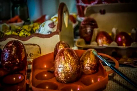 Easter eggs painting process Stock Photos