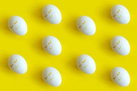 Easter eggs pattern on colorful yellow background. Top view, flatlay. East... 스톡 사진