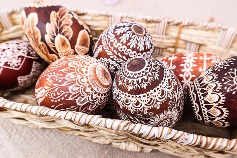Easter eggs with a pattern on a decorative tray Stock Photos