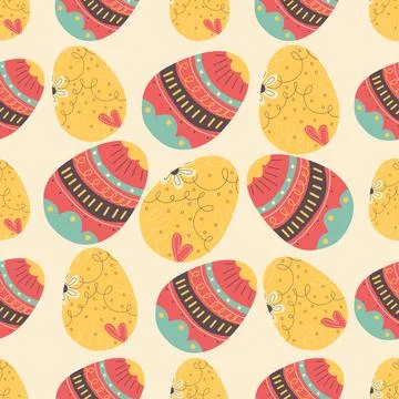 Easter eggs pattern. Happy Easter background with red and yellow egg . Flat Stock Illustration