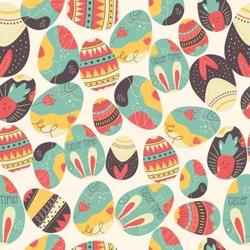 Easter eggs pattern. Happy Easter background with different egg . Flat colorful Stock Illustration
