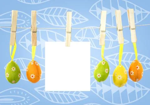 Easter Eggs on pegs with note in front of pattern Stock Illustration