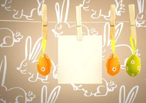 Easter Eggs on pegs with note in front of pattern Stock Illustration