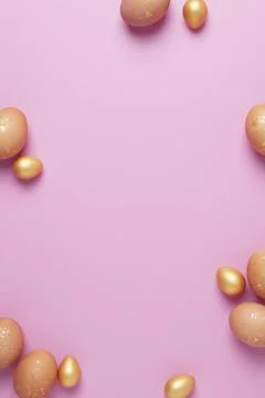 Easter eggs on pink background. Flat lay, copy space. beautiful Stock Photos
