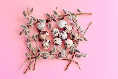 Easter eggs on a pink background with a sprig of willow 스톡 사진