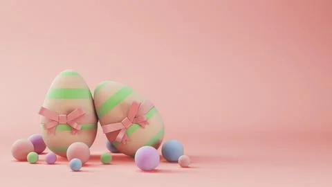 Easter eggs with pink ribbon bow on pastel background Stock Illustration